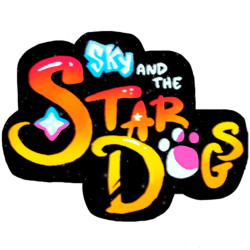 Sky and the STARDOGS logo. The word Sky has a cool font with a sky blue border. The words and the are in a handwritten white font. STAR DOGS are written seperately with long swirls on the S and D with magenta, orange and yellow gradient. A four-pointed star is on the end of the S and the O of dogs has been replaced with a pink dog paw with a lighter pink crescent moon on it.